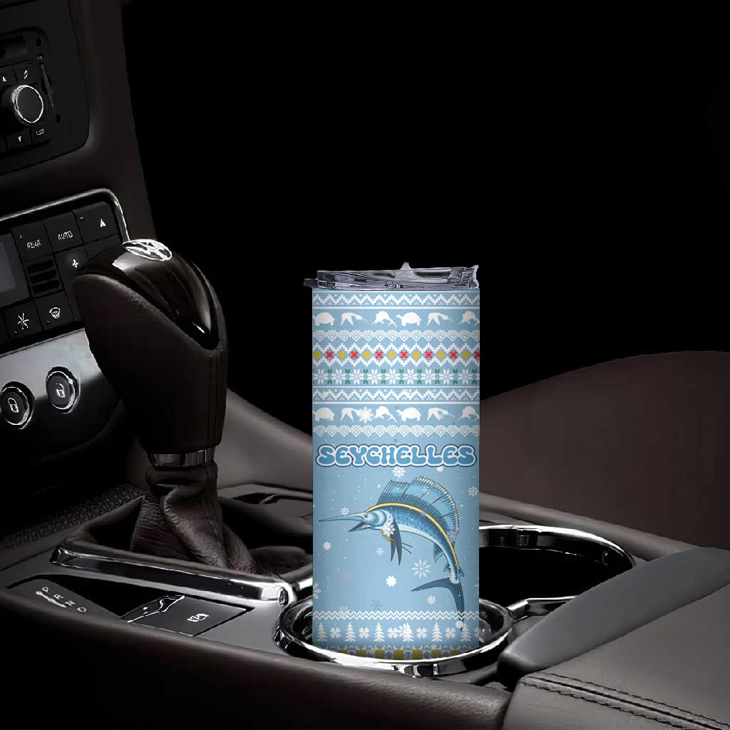 Seychelles Christmas Skinny Tumbler Ocean Blue Marlin Fish Artwork and Surfing Santa Motif - African Pride