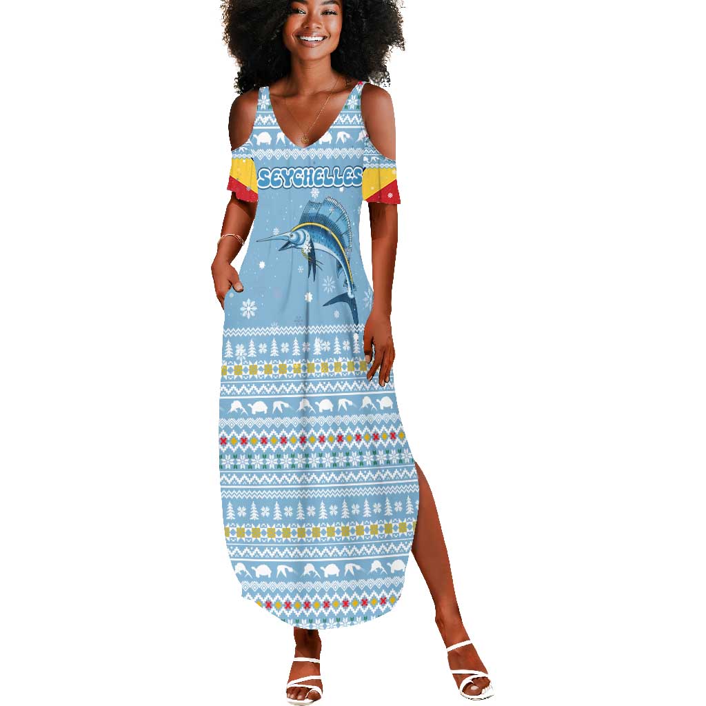 Seychelles Christmas Summer Maxi Dress Ocean Blue Marlin Fish Artwork and Surfing Santa Motif - African Pride