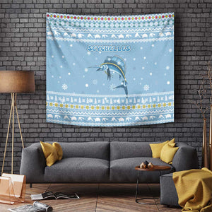 Seychelles Christmas Tapestry Ocean Blue Marlin Fish Artwork and Surfing Santa Motif - African Pride