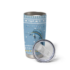 Seychelles Christmas Tumbler Cup Ocean Blue Marlin Fish Artwork and Surfing Santa Motif - African Pride