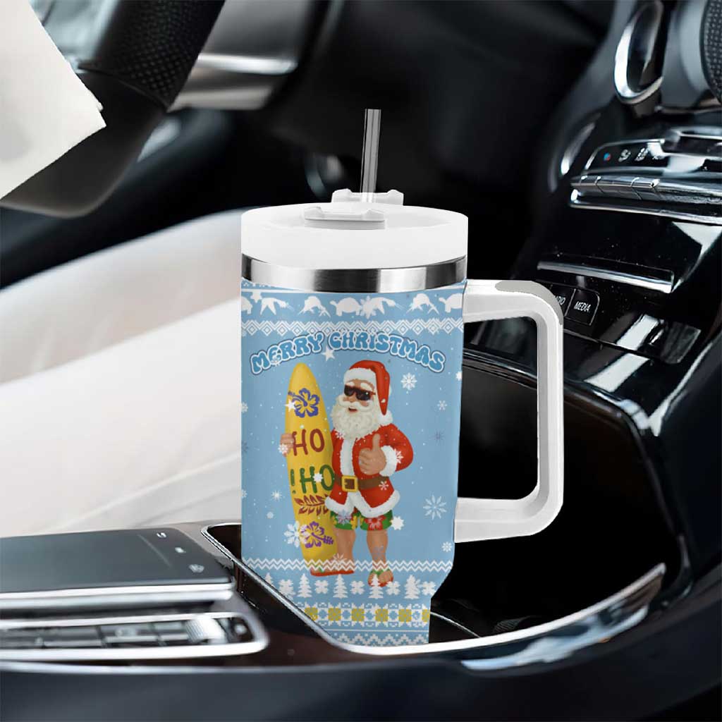Seychelles Christmas Tumbler With Handle Ocean Blue Marlin Fish Artwork and Surfing Santa Motif - African Pride