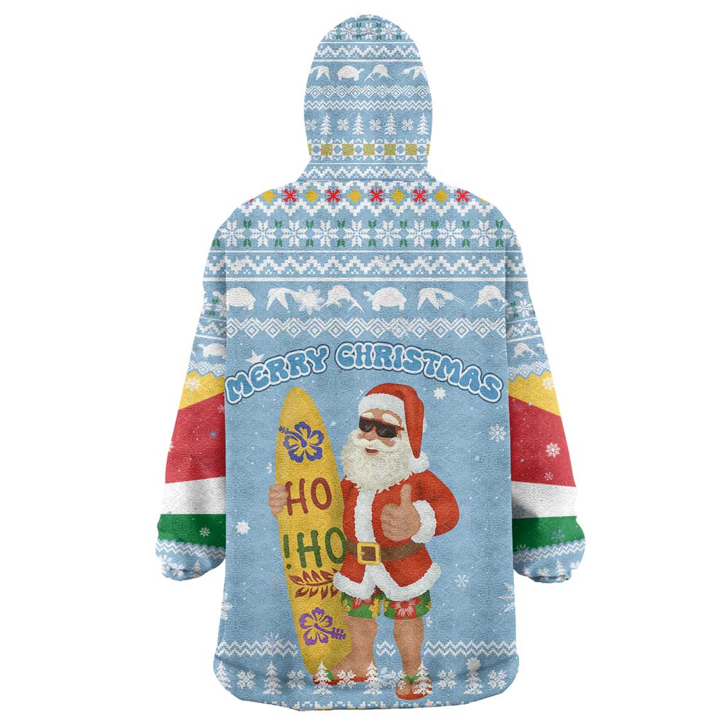Seychelles Christmas Wearable Blanket Hoodie Ocean Blue Marlin Fish Artwork and Surfing Santa Motif - African Pride