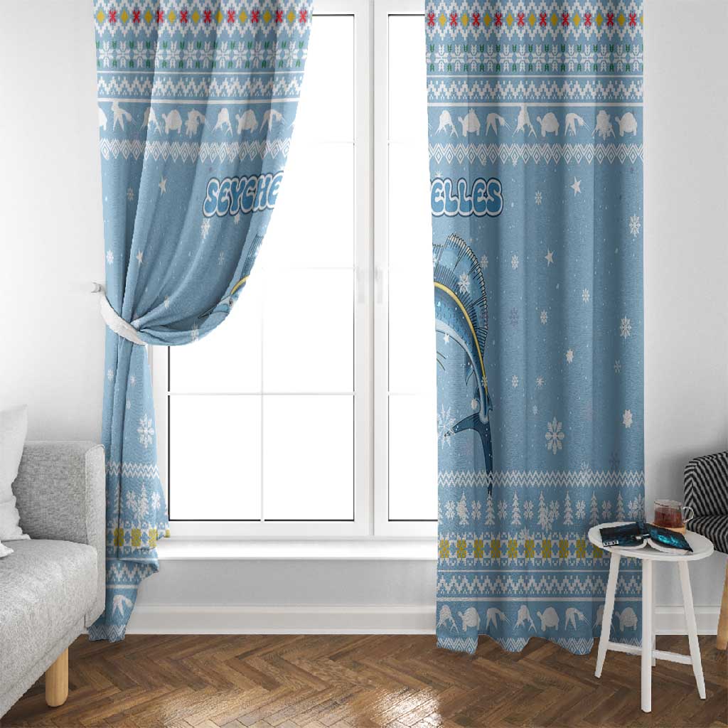 Seychelles Christmas Window Curtain Ocean Blue Marlin Fish Artwork and Surfing Santa Motif - African Pride