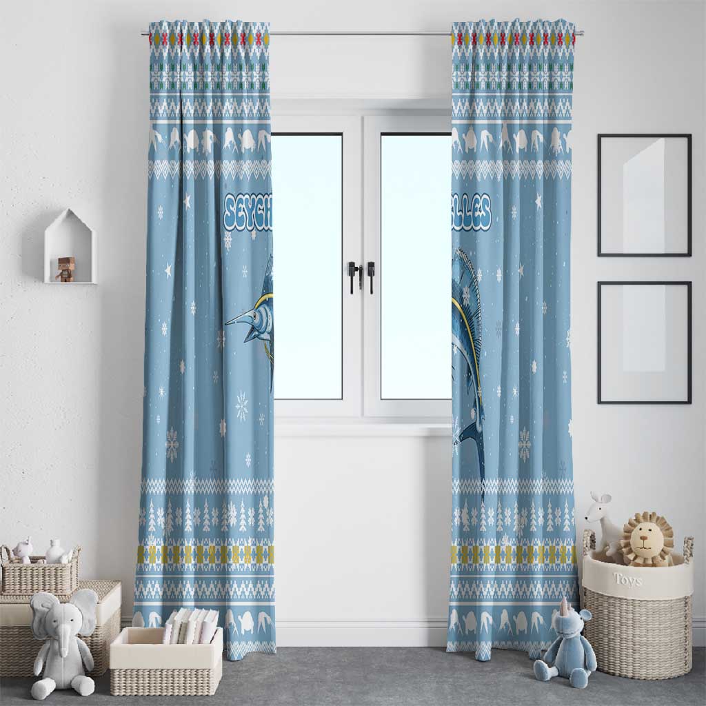 Seychelles Christmas Window Curtain Ocean Blue Marlin Fish Artwork and Surfing Santa Motif - African Pride