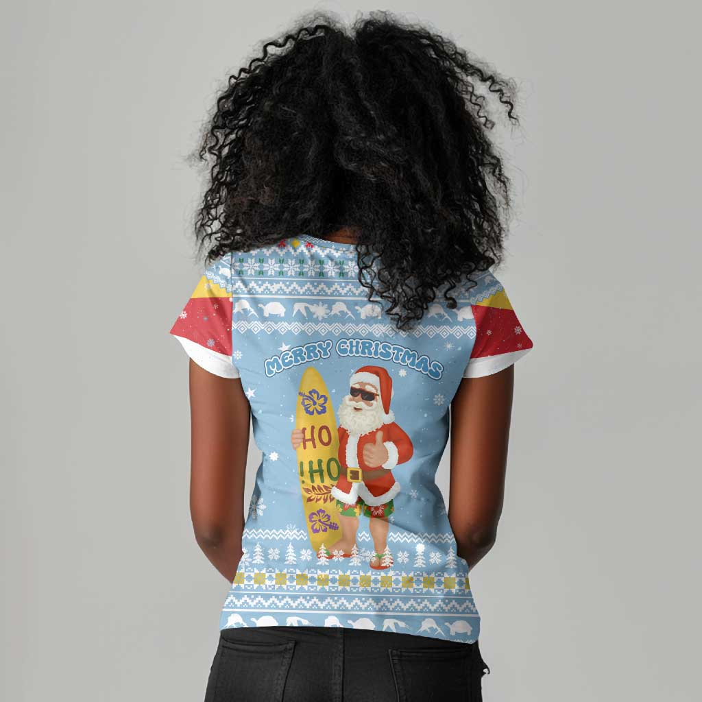 Seychelles Christmas Women V-Neck T-Shirt Ocean Blue Marlin Fish Artwork and Surfing Santa Motif - African Pride