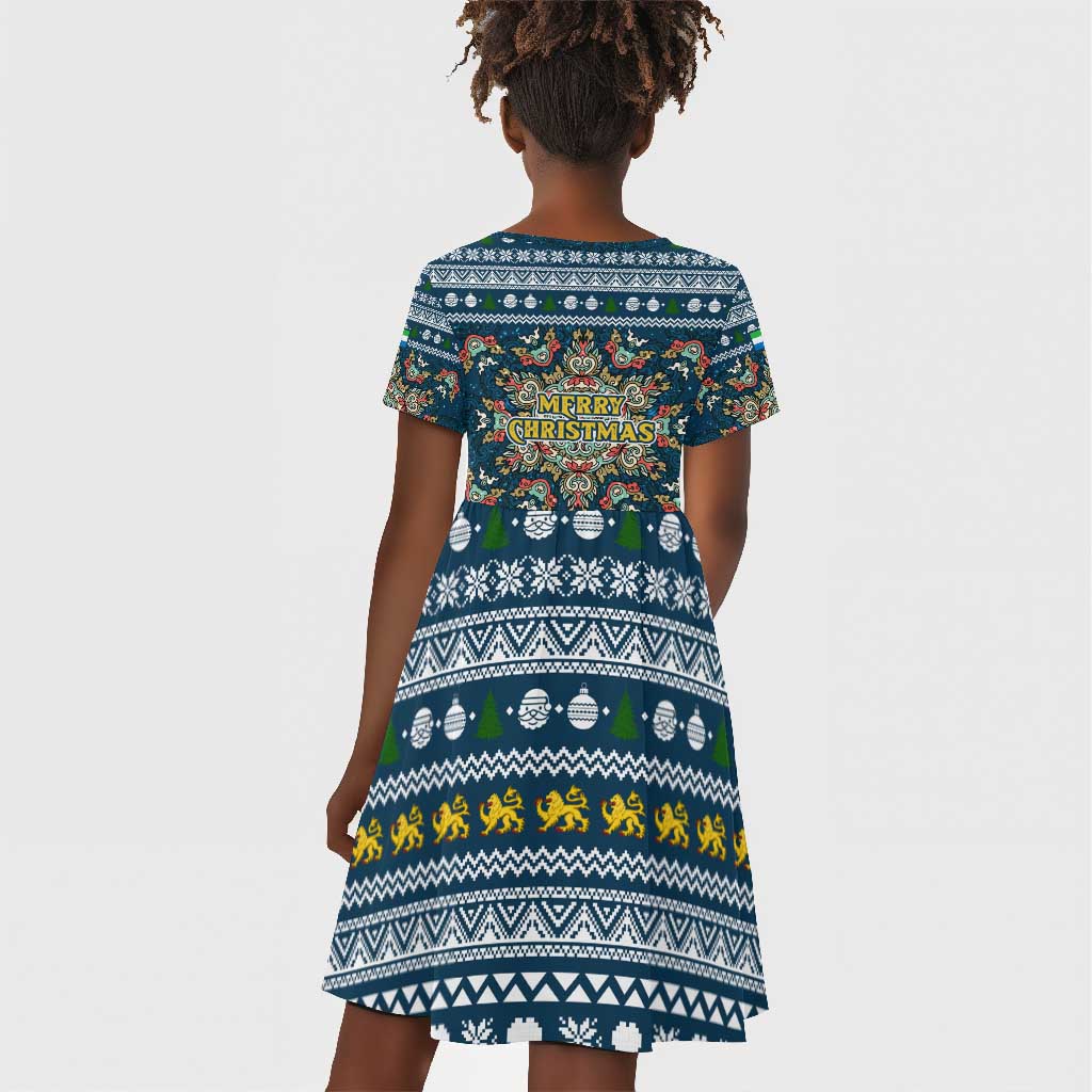 Sierra Leone Christmas Kid Short Sleeve Dress Ornamental Coat of Arms and Festive Motif - African Pride