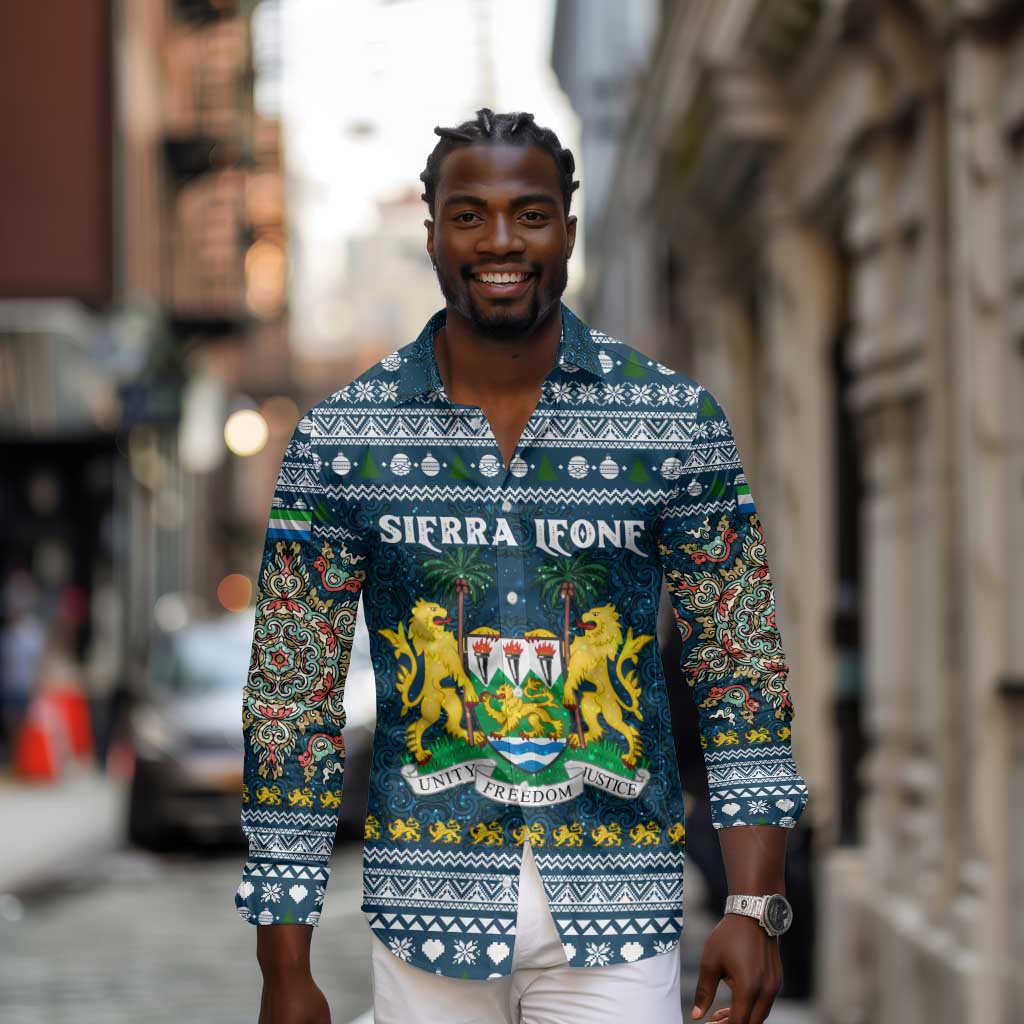 Sierra Leone Christmas Long Sleeve Button Shirt Ornamental Coat of Arms and Festive Motif - African Pride