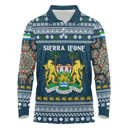 Sierra Leone Christmas Long Sleeve Polo Shirt Ornamental Coat of Arms and Festive Motif - African Pride