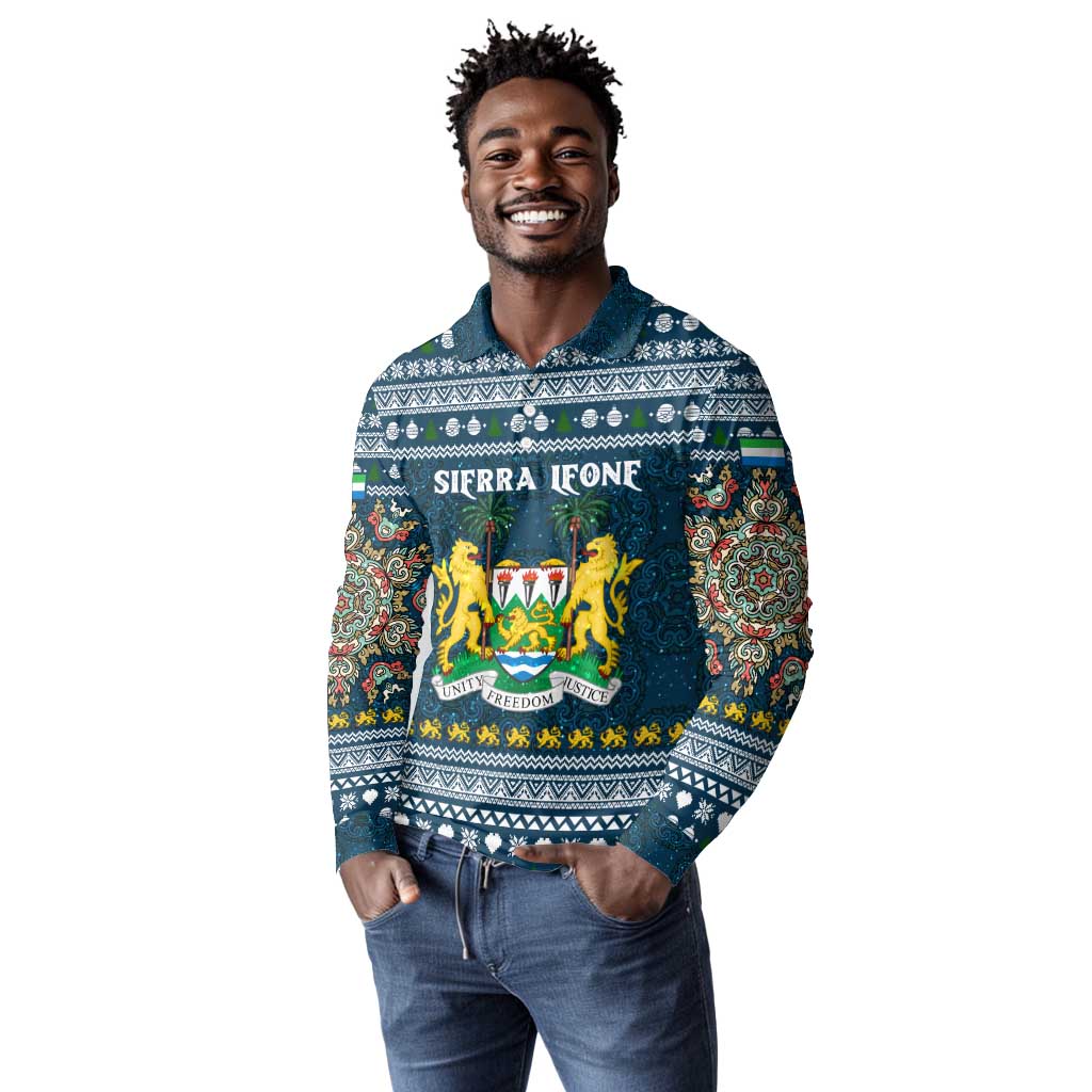 Sierra Leone Christmas Long Sleeve Polo Shirt Ornamental Coat of Arms and Festive Motif - African Pride