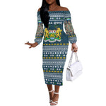 Sierra Leone Christmas Off The Shoulder Long Sleeve Dress Ornamental Coat of Arms and Festive Motif - African Pride