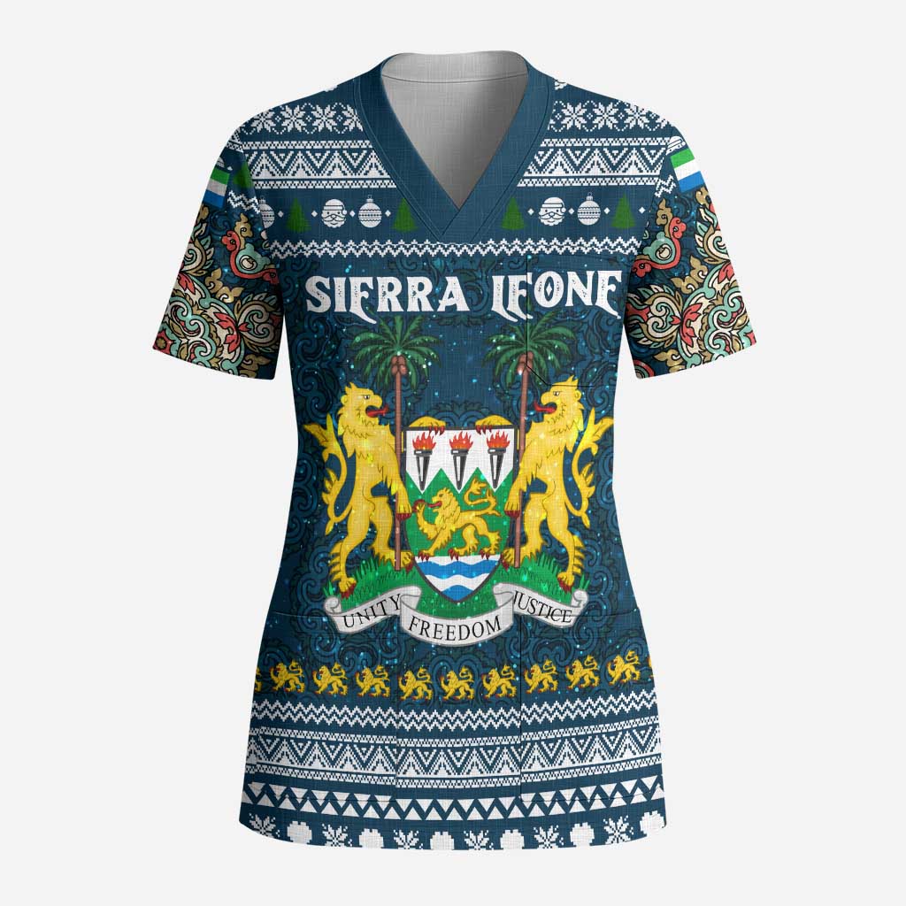 Sierra Leone Christmas Scrub Top Ornamental Coat of Arms and Festive Motif - African Pride