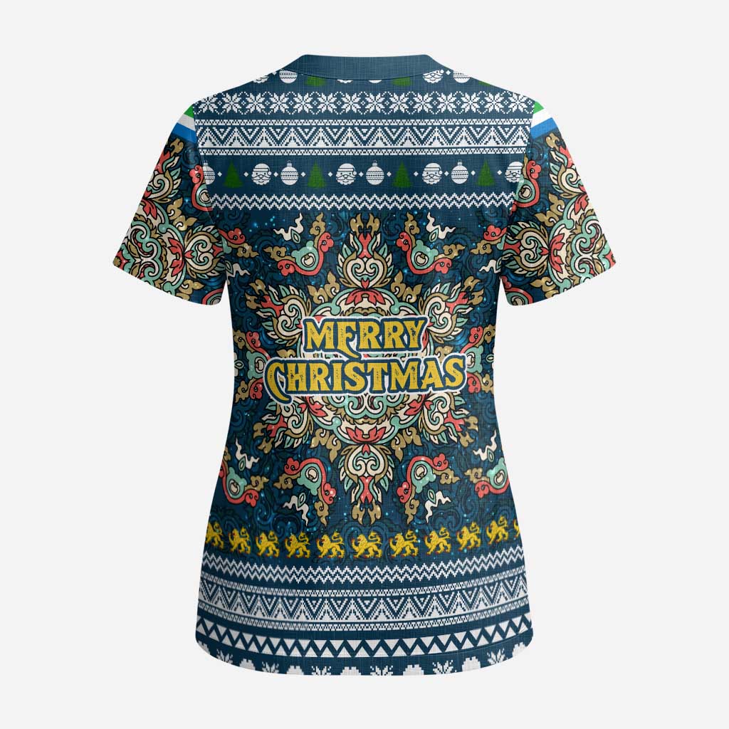 Sierra Leone Christmas Scrub Top Ornamental Coat of Arms and Festive Motif - African Pride