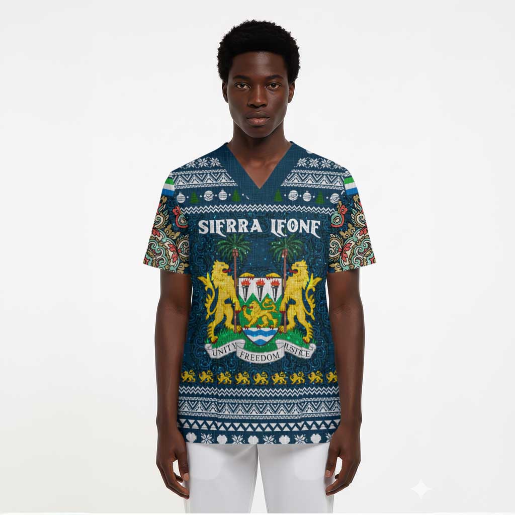 Sierra Leone Christmas Scrub Top Ornamental Coat of Arms and Festive Motif - African Pride