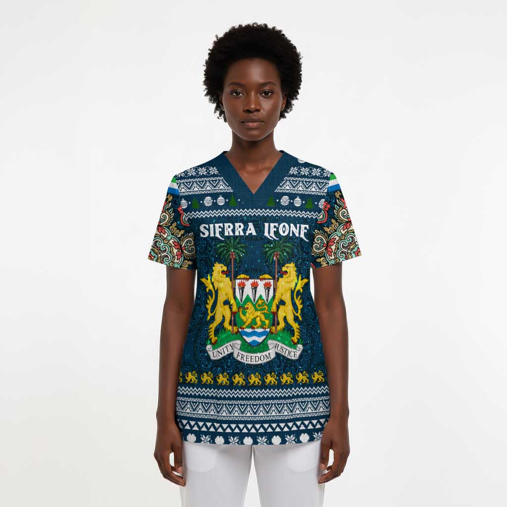 Sierra Leone Christmas Scrub Top Ornamental Coat of Arms and Festive Motif - African Pride