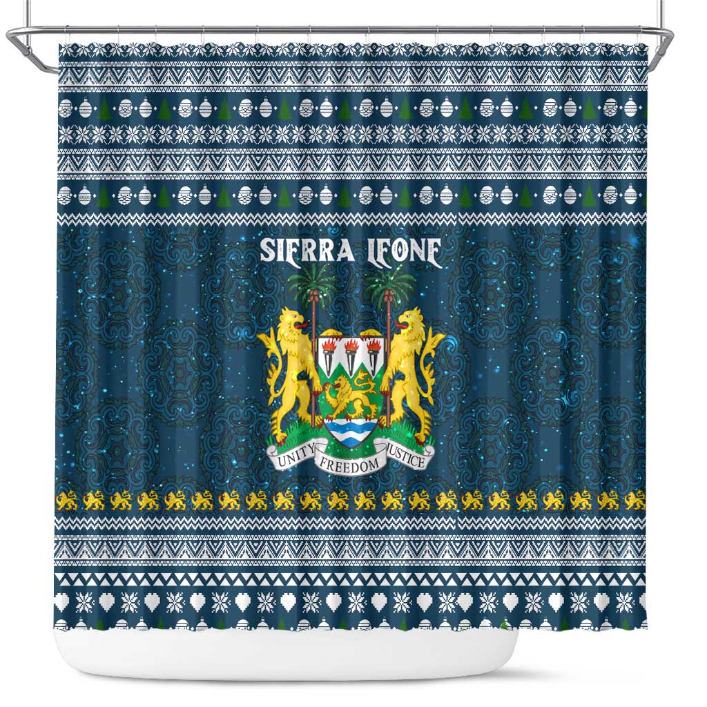 Sierra Leone Christmas Shower Curtain Ornamental Coat of Arms and Festive Motif - African Pride