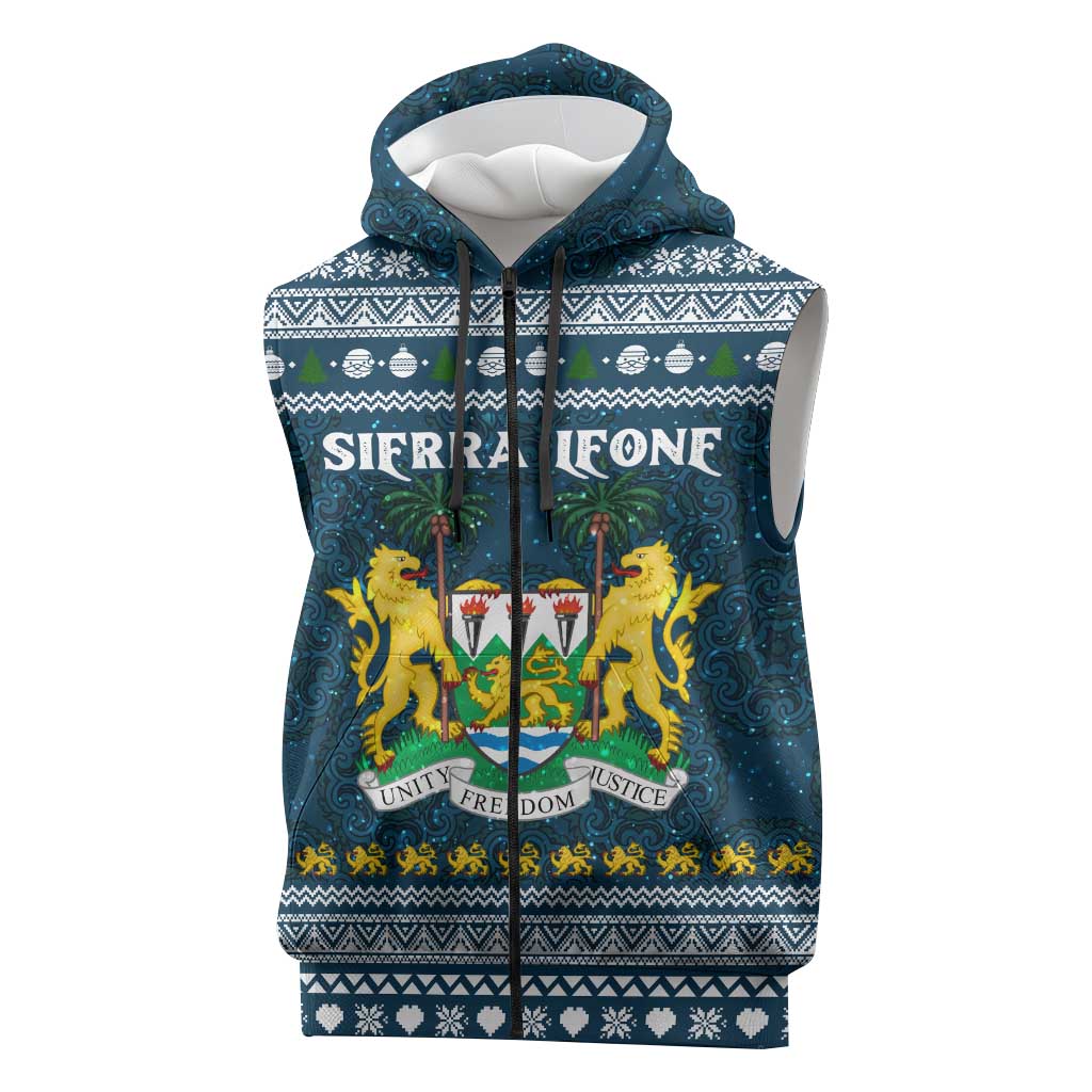 Sierra Leone Christmas Sleeveless Zip Hoodie Ornamental Coat of Arms and Festive Motif - African Pride