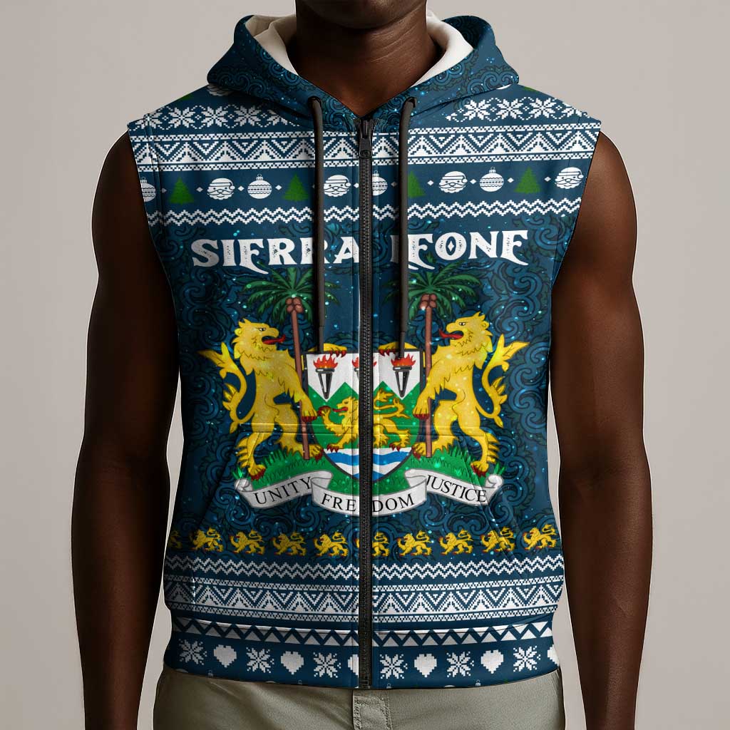 Sierra Leone Christmas Sleeveless Zip Hoodie Ornamental Coat of Arms and Festive Motif - African Pride