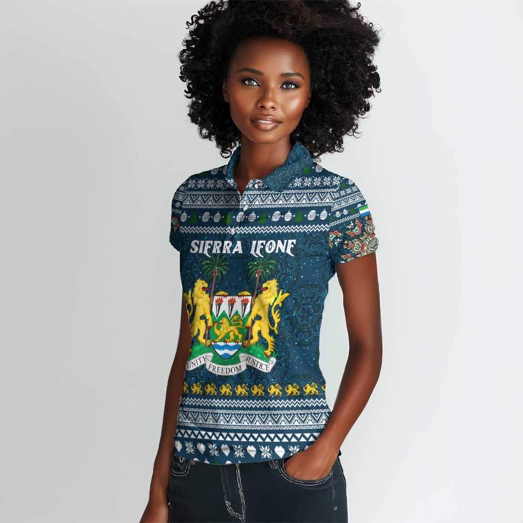 Sierra Leone Christmas Women Polo Shirt Ornamental Coat of Arms and Festive Motif - African Pride