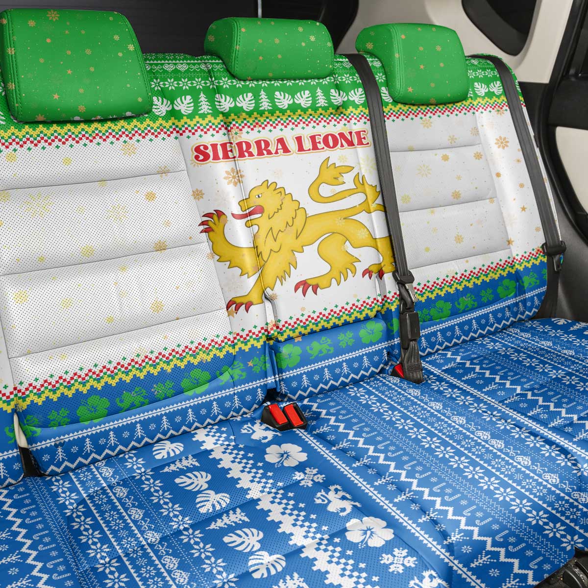Sierra Leone Christmas Back Car Seat Cover Festive Pattern Golden Lion Emblem and Santa Sleigh - African Pride