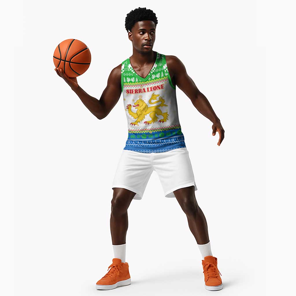 Sierra Leone Christmas Basketball Jersey Festive Pattern Golden Lion Emblem and Santa Sleigh - African Pride