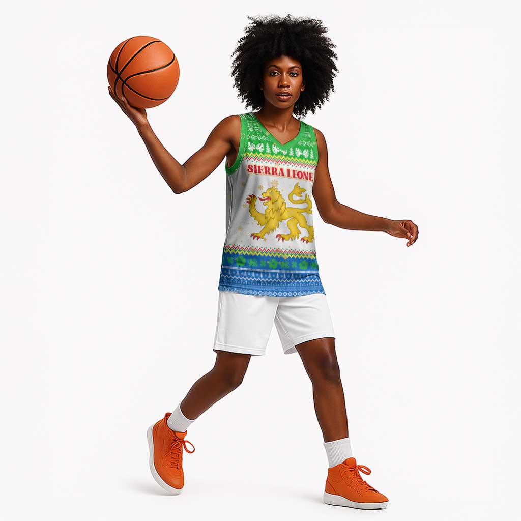 Sierra Leone Christmas Basketball Jersey Festive Pattern Golden Lion Emblem and Santa Sleigh - African Pride