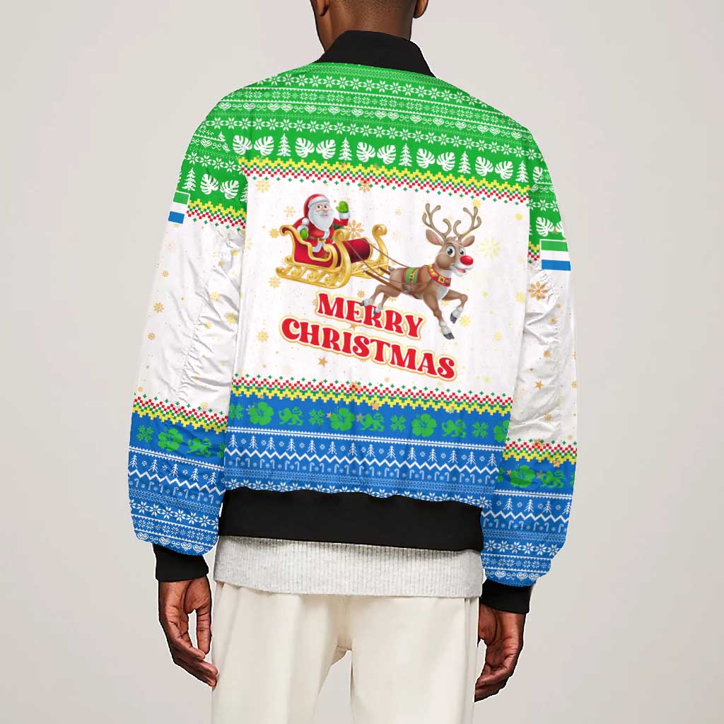 Sierra Leone Christmas Bomber Jacket Festive Pattern Golden Lion Emblem and Santa Sleigh - African Pride