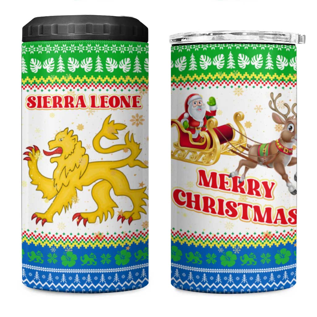 Sierra Leone Christmas 4 in 1 Can Cooler Tumbler Festive Pattern Golden Lion Emblem and Santa Sleigh - African Pride