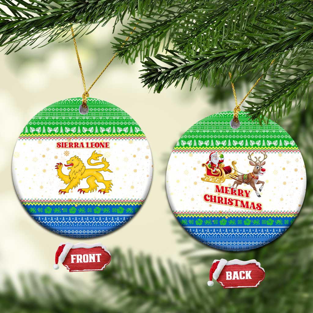 Sierra Leone Christmas Ceramic Ornament Festive Pattern Golden Lion Emblem and Santa Sleigh - African Pride