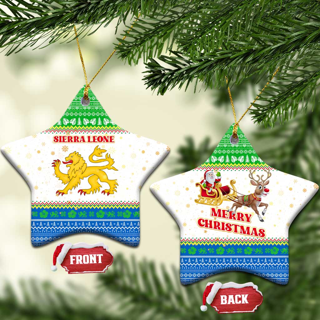 Sierra Leone Christmas Ceramic Ornament Festive Pattern Golden Lion Emblem and Santa Sleigh - African Pride