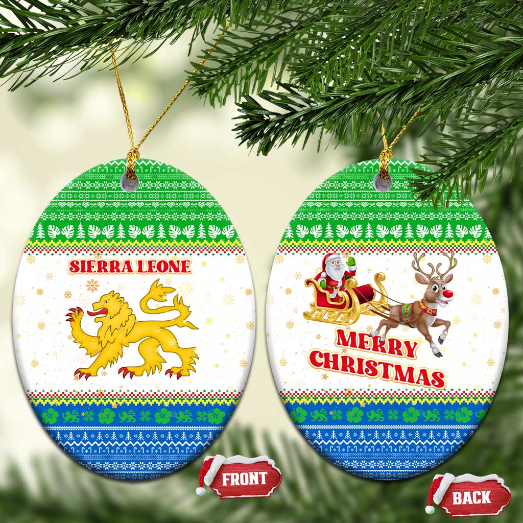 Sierra Leone Christmas Ceramic Ornament Festive Pattern Golden Lion Emblem and Santa Sleigh - African Pride