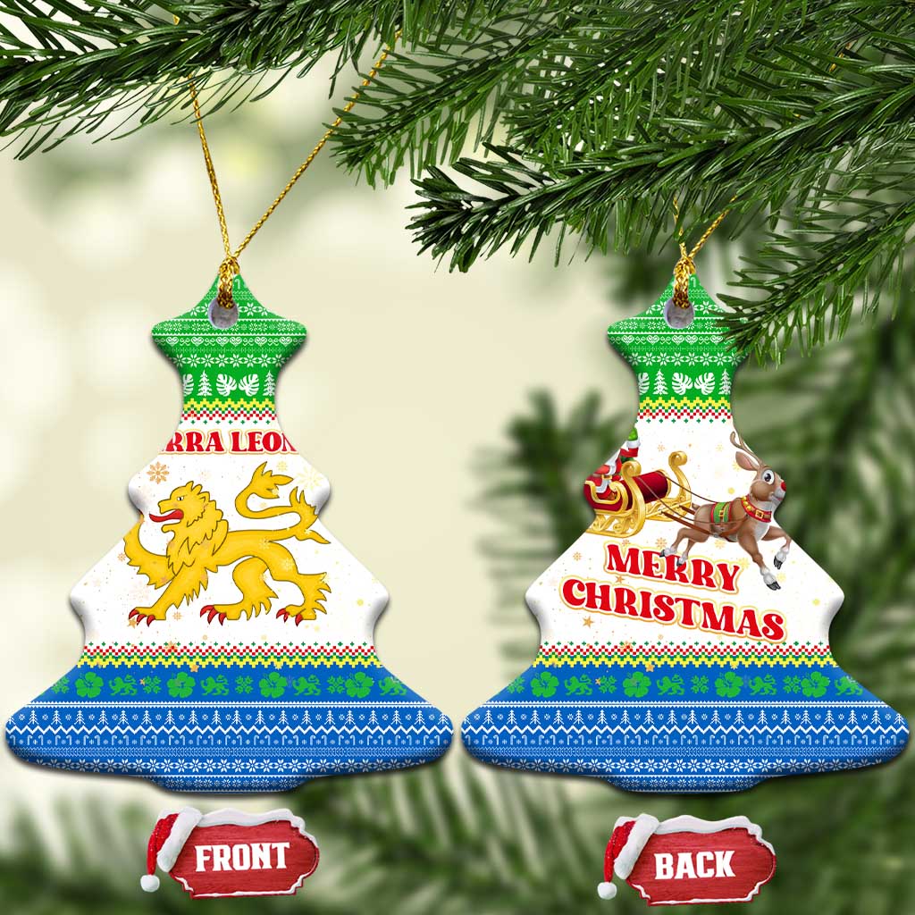 Sierra Leone Christmas Ceramic Ornament Festive Pattern Golden Lion Emblem and Santa Sleigh - African Pride