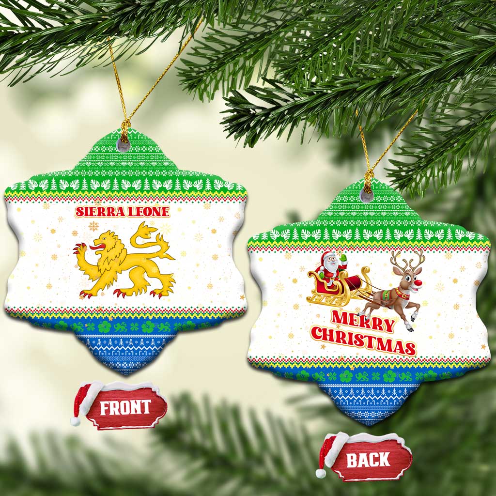 Sierra Leone Christmas Ceramic Ornament Festive Pattern Golden Lion Emblem and Santa Sleigh - African Pride