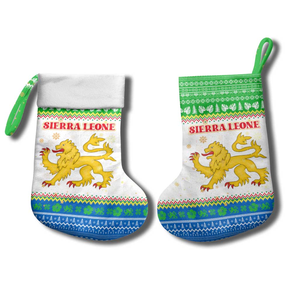 Sierra Leone Christmas Stocking Festive Pattern Golden Lion Emblem and Santa Sleigh - African Pride