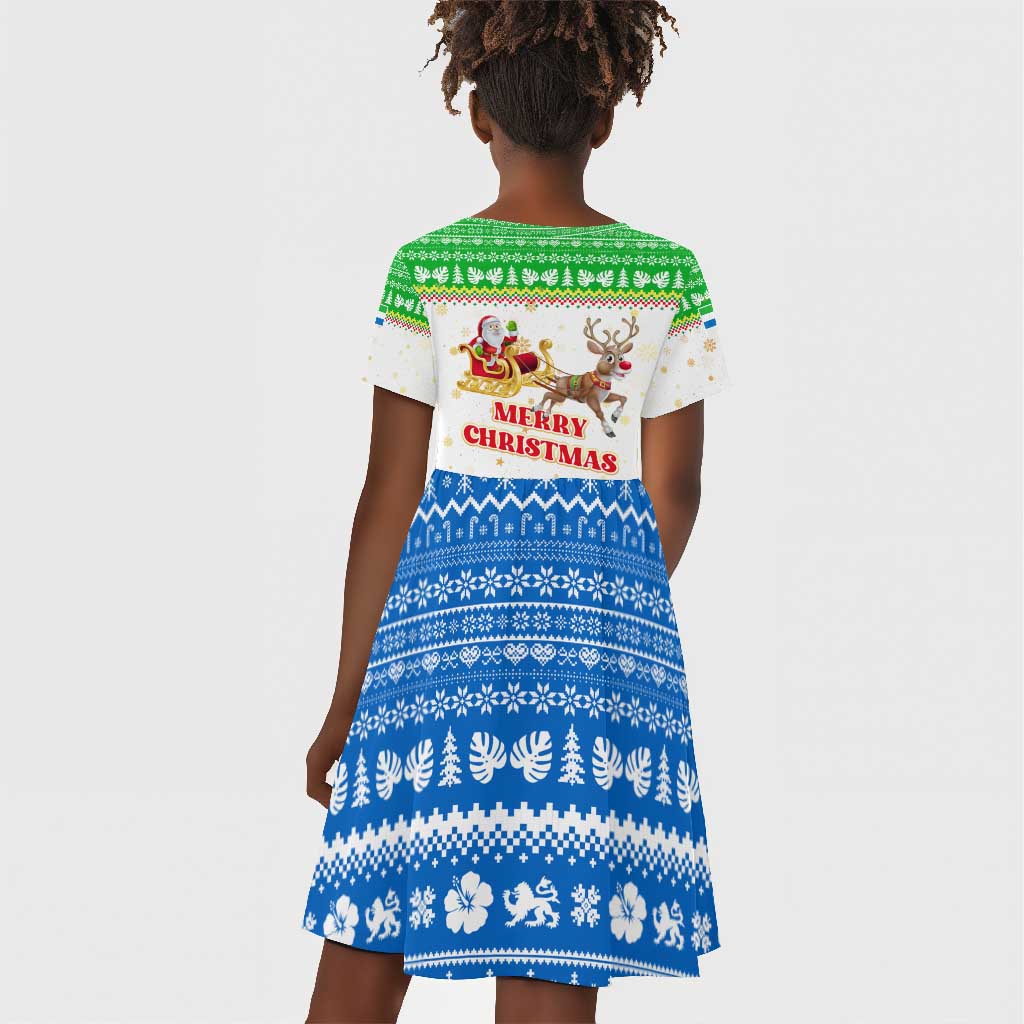 Sierra Leone Christmas Kid Short Sleeve Dress Festive Pattern Golden Lion Emblem and Santa Sleigh - African Pride