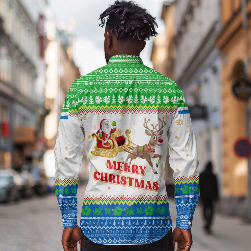 Sierra Leone Christmas Long Sleeve Button Shirt Festive Pattern Golden Lion Emblem and Santa Sleigh - African Pride