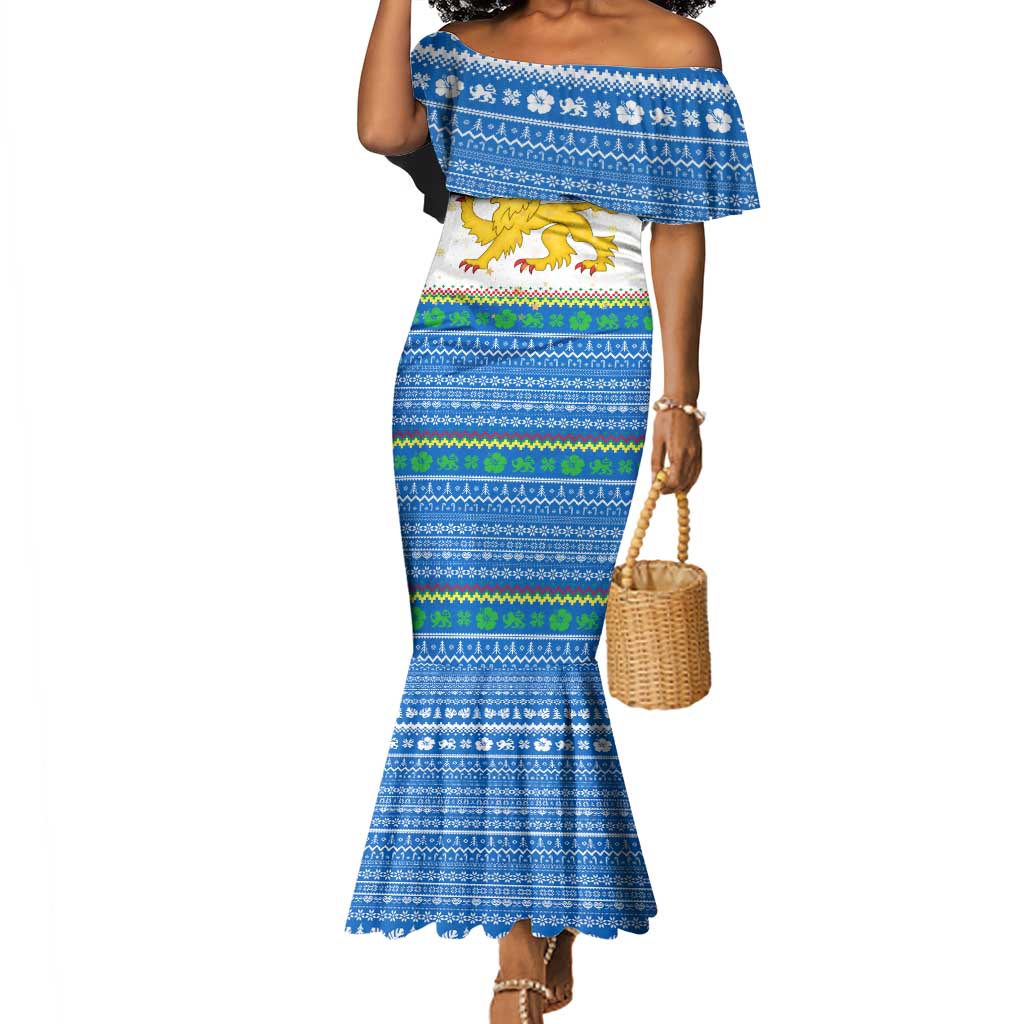 Sierra Leone Christmas Mermaid Dress Festive Pattern Golden Lion Emblem and Santa Sleigh - African Pride