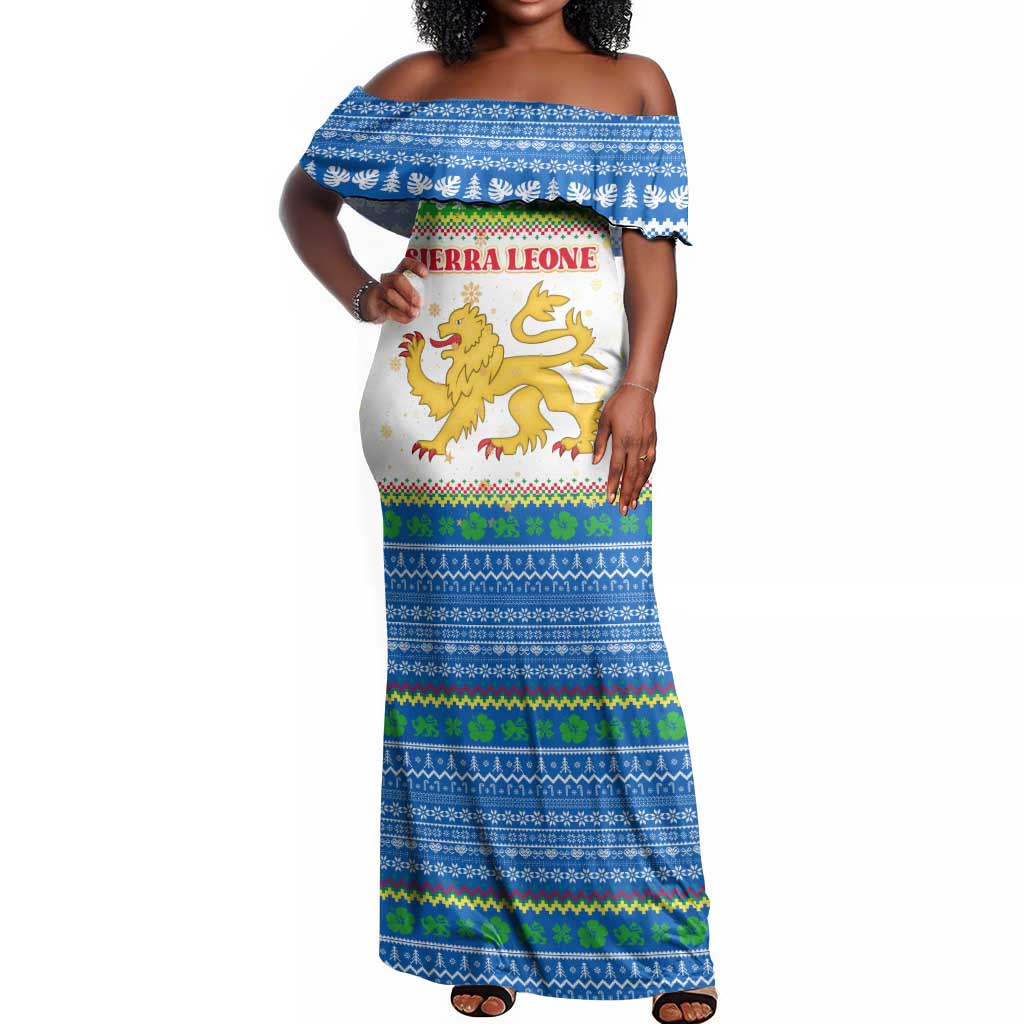 Sierra Leone Christmas Off Shoulder Maxi Dress Festive Pattern Golden Lion Emblem and Santa Sleigh - African Pride