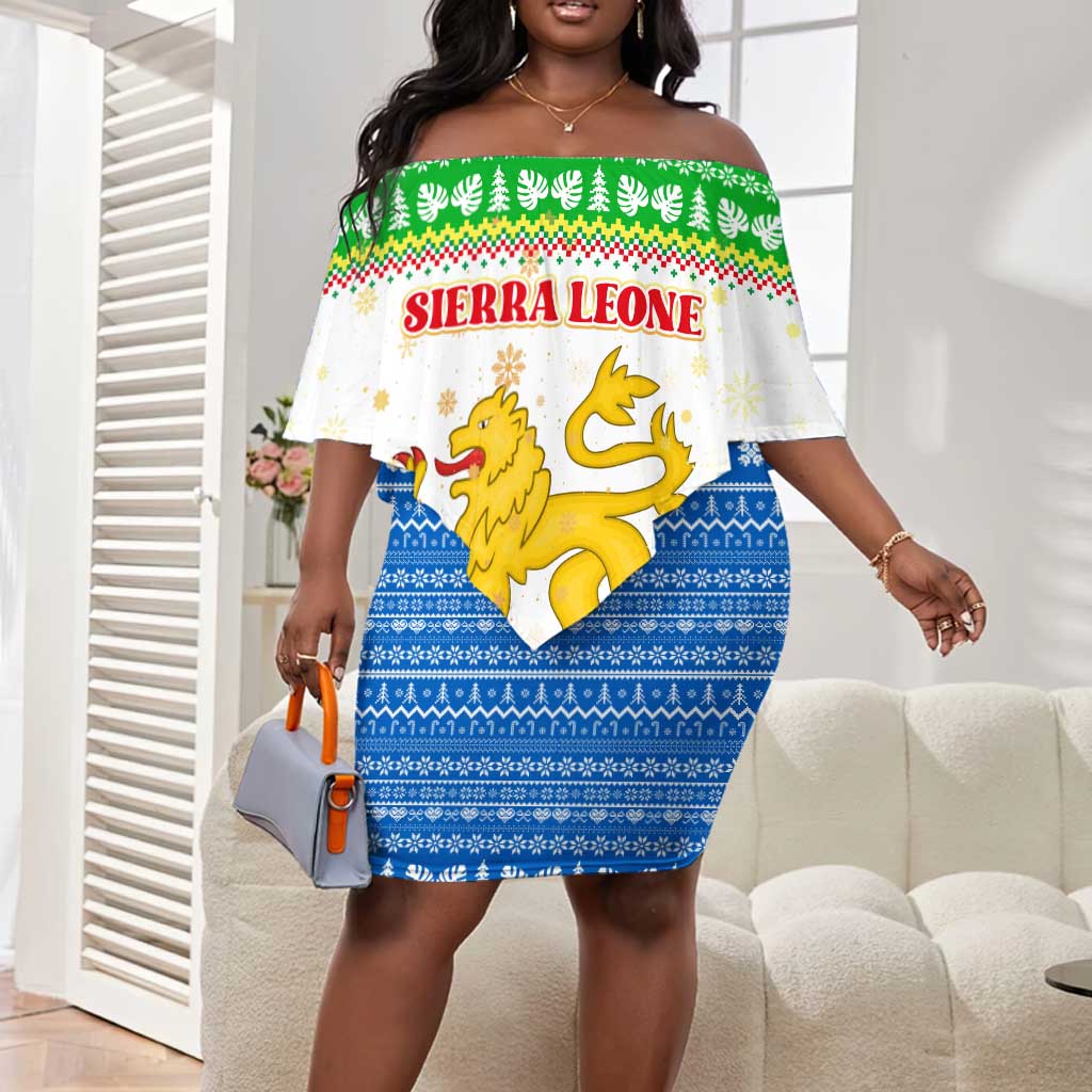 Sierra Leone Christmas Off Shoulder Short Dress Festive Pattern Golden Lion Emblem and Santa Sleigh - African Pride