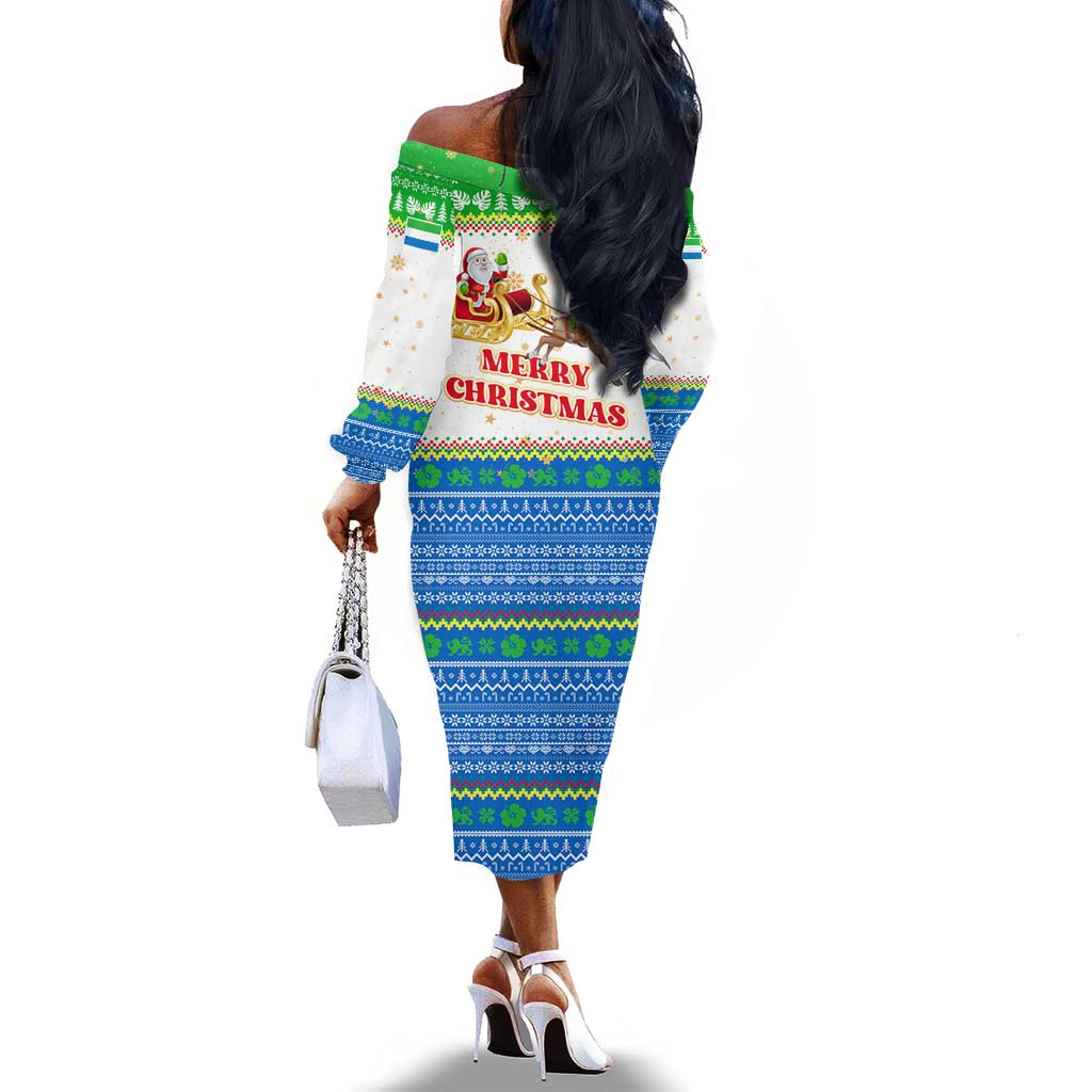 Sierra Leone Christmas Off The Shoulder Long Sleeve Dress Festive Pattern Golden Lion Emblem and Santa Sleigh - African Pride