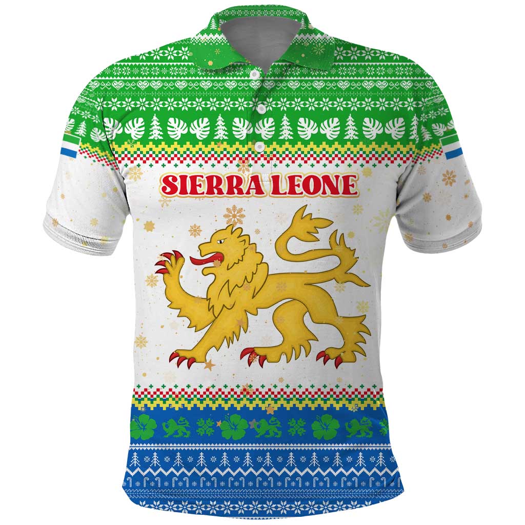 Sierra Leone Christmas Polo Shirt Festive Pattern Golden Lion Emblem and Santa Sleigh - African Pride