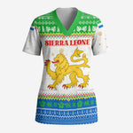 Sierra Leone Christmas Scrub Top Festive Pattern Golden Lion Emblem and Santa Sleigh - African Pride