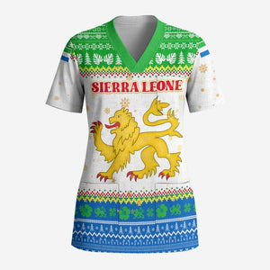 Sierra Leone Christmas Scrub Top Festive Pattern Golden Lion Emblem and Santa Sleigh - African Pride