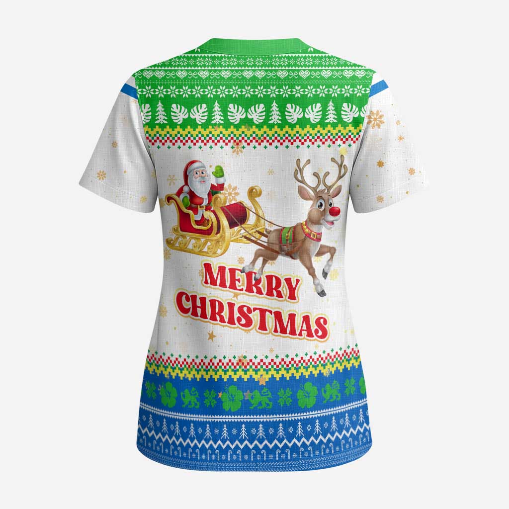 Sierra Leone Christmas Scrub Top Festive Pattern Golden Lion Emblem and Santa Sleigh - African Pride