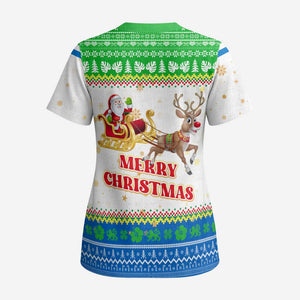 Sierra Leone Christmas Scrub Top Festive Pattern Golden Lion Emblem and Santa Sleigh - African Pride