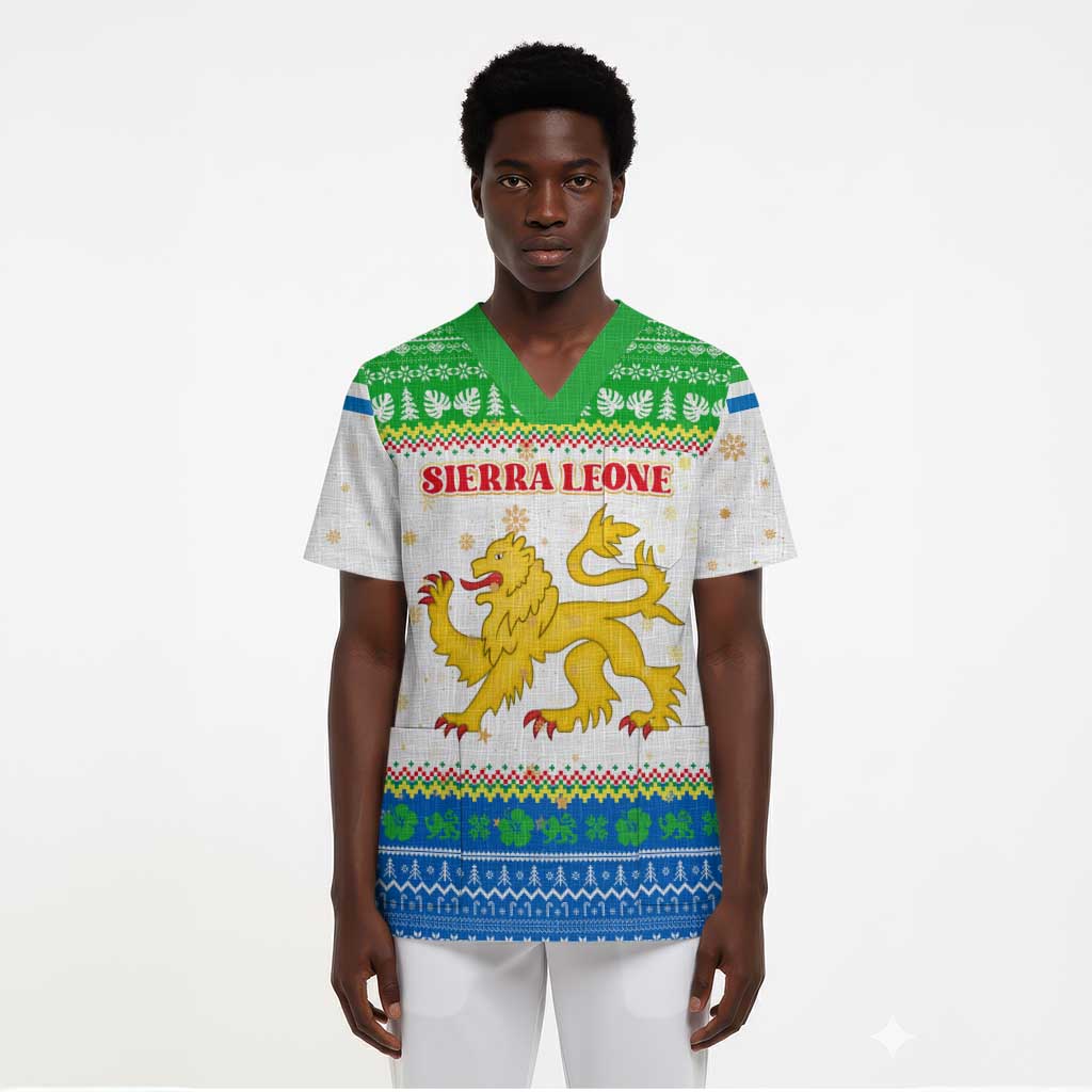 Sierra Leone Christmas Scrub Top Festive Pattern Golden Lion Emblem and Santa Sleigh - African Pride