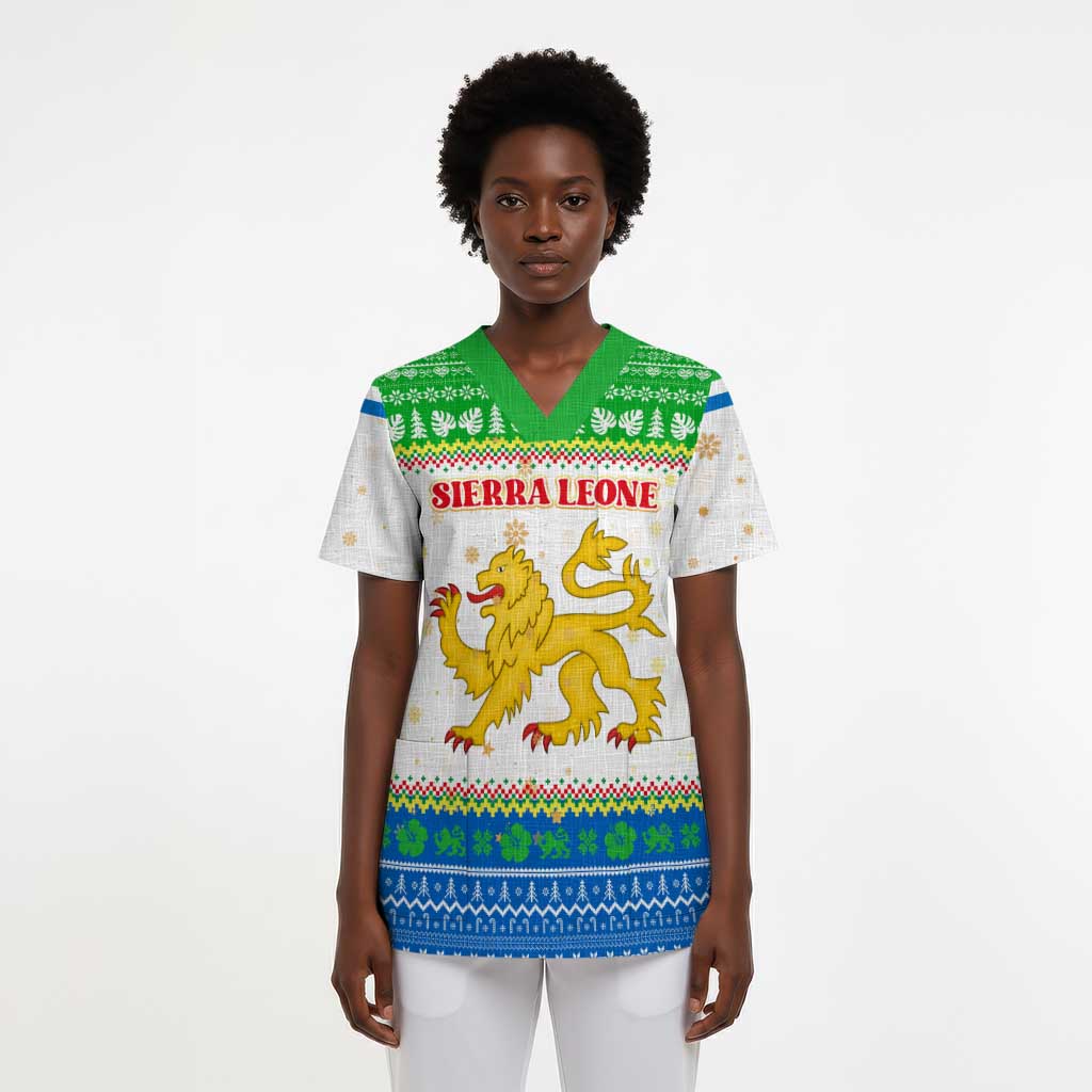 Sierra Leone Christmas Scrub Top Festive Pattern Golden Lion Emblem and Santa Sleigh - African Pride
