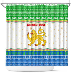 Sierra Leone Christmas Shower Curtain Festive Pattern Golden Lion Emblem and Santa Sleigh - African Pride