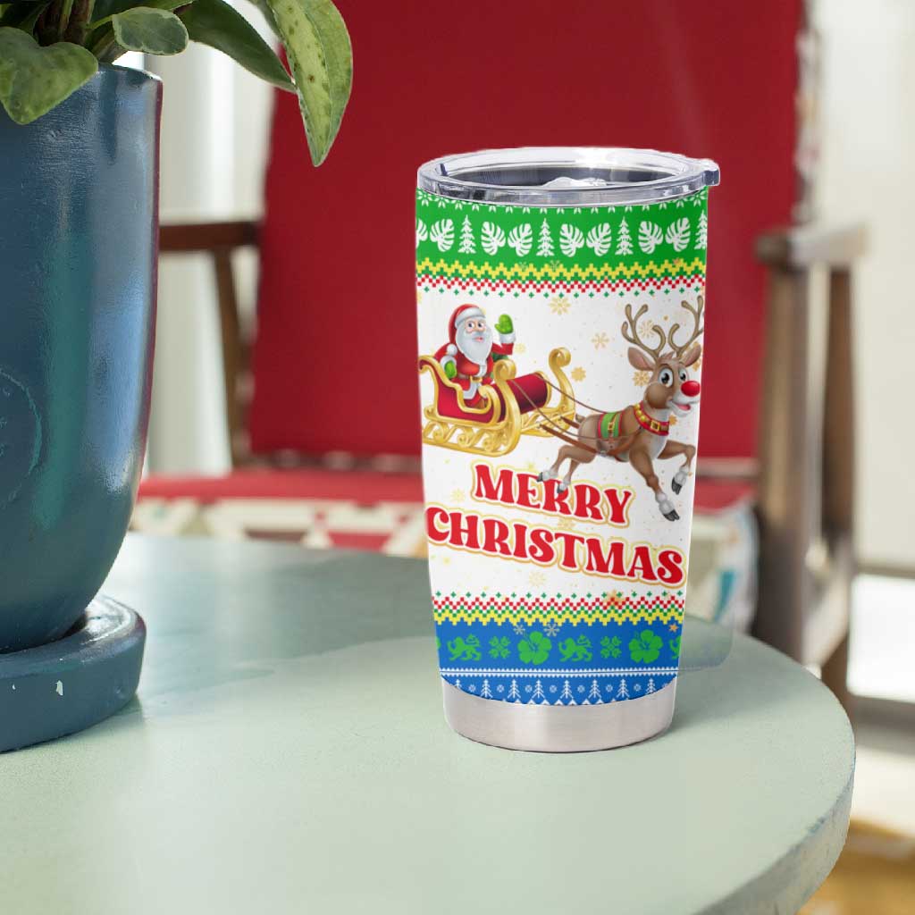 Sierra Leone Christmas Tumbler Cup Festive Pattern Golden Lion Emblem and Santa Sleigh - African Pride
