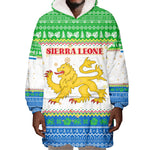 Sierra Leone Christmas Wearable Blanket Hoodie Festive Pattern Golden Lion Emblem and Santa Sleigh - African Pride