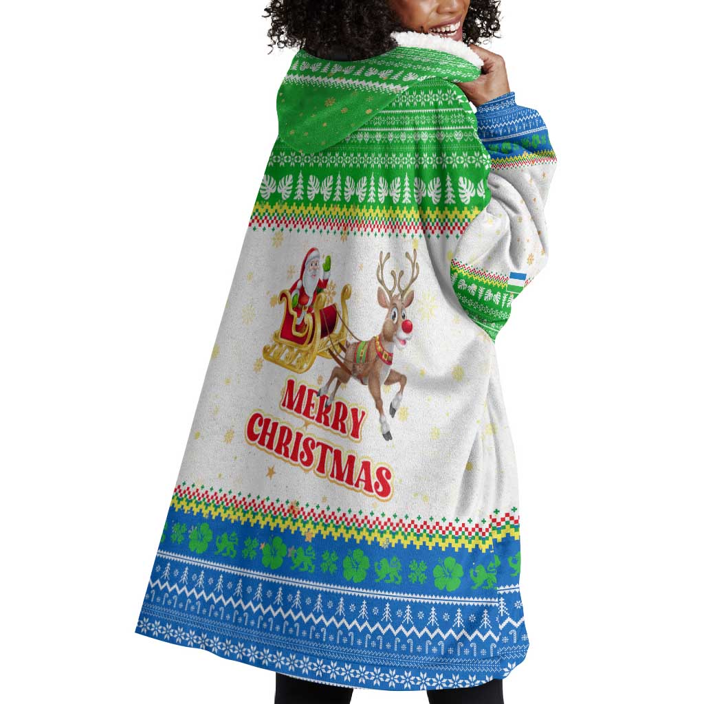 Sierra Leone Christmas Wearable Blanket Hoodie Festive Pattern Golden Lion Emblem and Santa Sleigh - African Pride